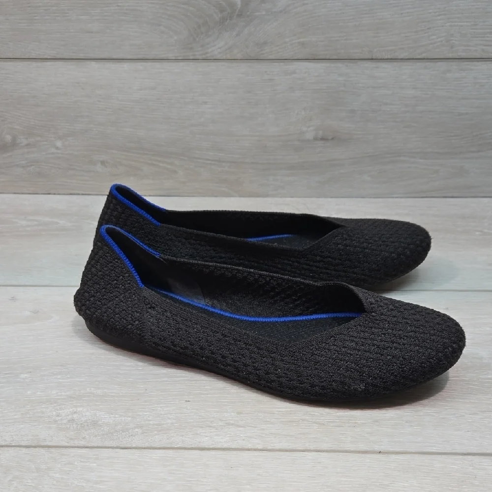 Rothy's Women Black Knit Ballet Flats with Blue Trim Shoes Sz 9.5